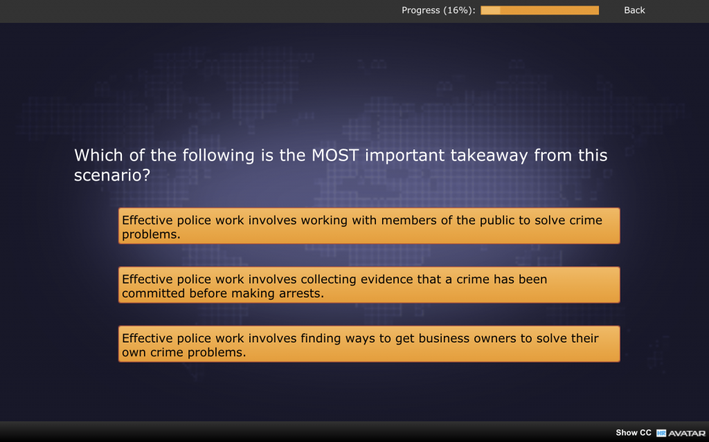 Example of a multi-choice question after watching a Realistic Job Preview style Work Simulation.